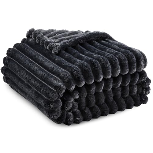 KORBLISS Super Soft Queen Blanket for Bed, Premium Silky Flannel Fleece with 3D Striped Jacquard Design, Lightweight and Cozy for Living Room, and All-Season Use, 90x90 Inches.Dark Grey - Image 1