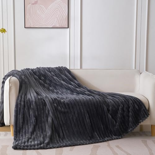 KORBLISS Super Soft Queen Blanket for Bed, Premium Silky Flannel Fleece with 3D Striped Jacquard Design, Lightweight and Cozy for Living Room, and All-Season Use, 90x90 Inches.Dark Grey - Image 4
