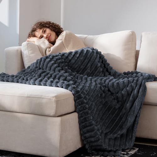 KORBLISS Super Soft Queen Blanket for Bed, Premium Silky Flannel Fleece with 3D Striped Jacquard Design, Lightweight and Cozy for Living Room, and All-Season Use, 90x90 Inches.Dark Grey - Image 3