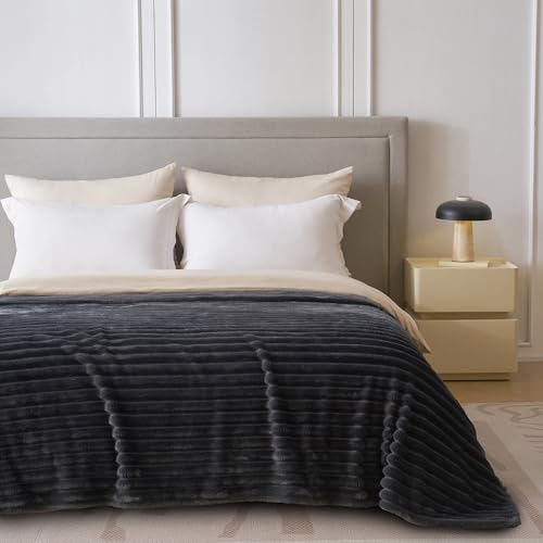 KORBLISS Super Soft Queen Blanket for Bed, Premium Silky Flannel Fleece with 3D Striped Jacquard Design, Lightweight and Cozy for Living Room, and All-Season Use, 90x90 Inches.Dark Grey - Image 2