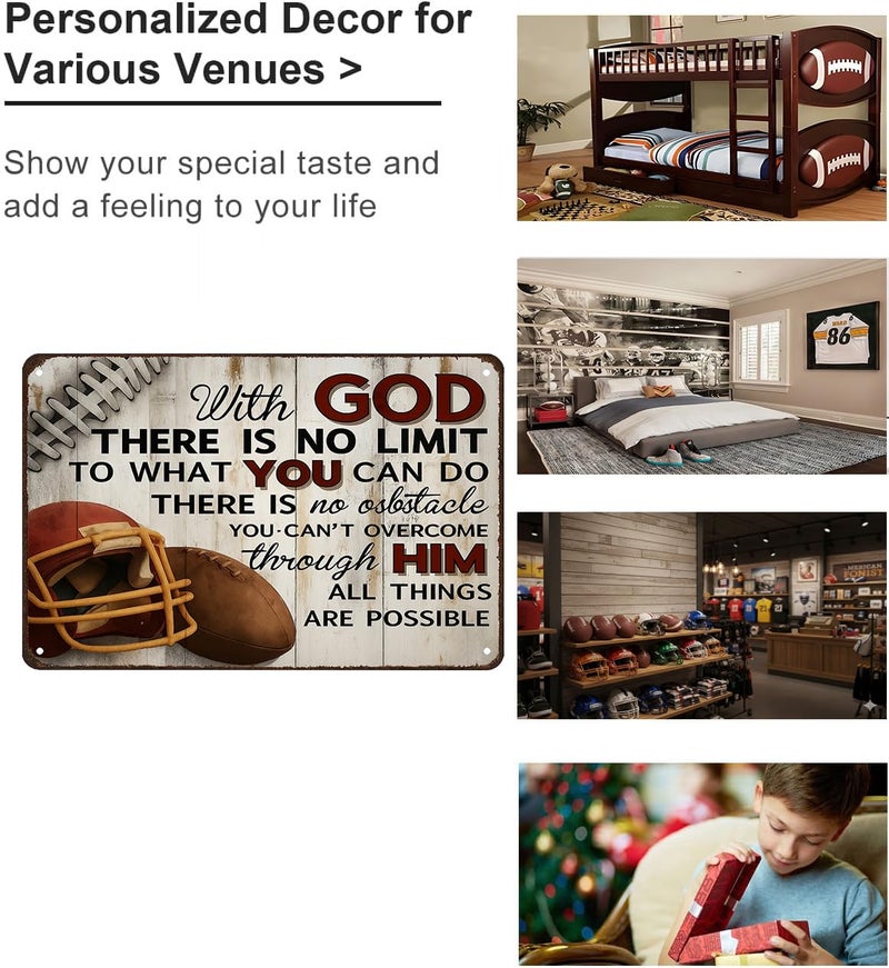 Funnysign Football Gifts With God There's No Limit Quotes Inspirational Tin Sign for Boys Room Man Cave Bedroom Living Room Decor 8 x 12 Inches(3992) - Image 3