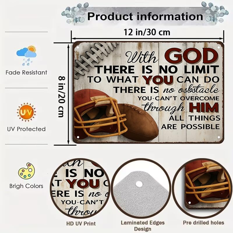 Funnysign Football Gifts With God There's No Limit Quotes Inspirational Tin Sign for Boys Room Man Cave Bedroom Living Room Decor 8 x 12 Inches(3992) - Image 2