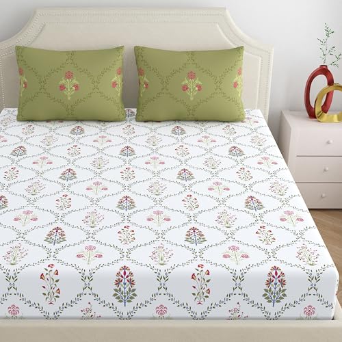 Home Ecstasy 100% Cotton King Bedsheet with 2 Pillow Covers - (Size 87 x 108 inches, 140 TC, Colour - Green: Cedar Glow) - Image 3