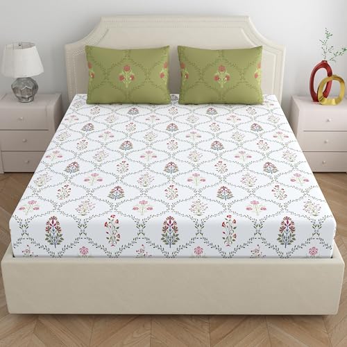Home Ecstasy 100% Cotton King Bedsheet with 2 Pillow Covers - (Size 87 x 108 inches, 140 TC, Colour - Green: Cedar Glow) - Image 2
