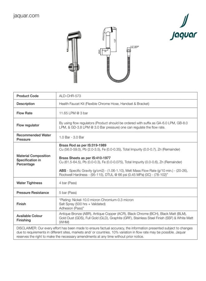 Jaquar Polyvinyl Chloride Chrome Hand Shower (Health Faucet) With 8Mm Dia 1.2 Meter Long Flexible Tube And Wall Hook, Silver - Image 2