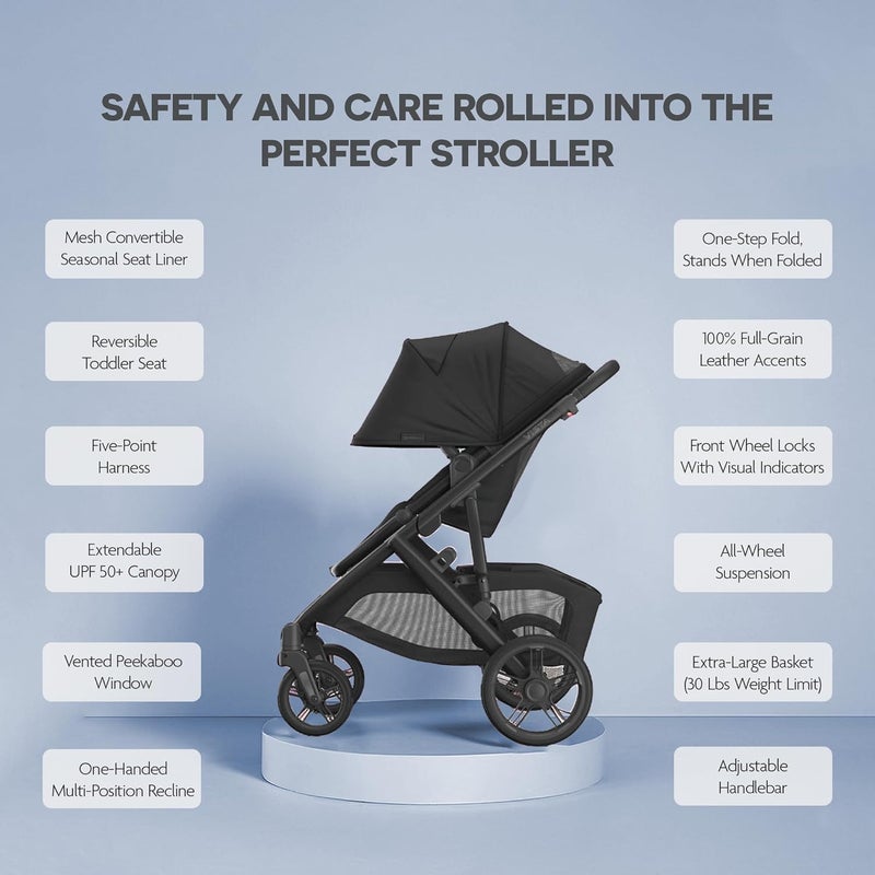 UPPAbaby Vista V3 Baby Stroller with Bassinet - Convertible Single to Double Stroller, Reversible Seat, One-Hand Fold, Black Leather - Image 3