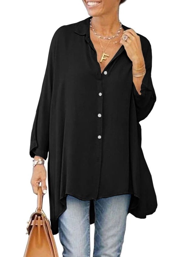 Aoysky Womens Oversized T Shirts Button Down Long Sleeve Shirt V Neck Collar Loose Flowy Blouse, Black, XXL - Image 1