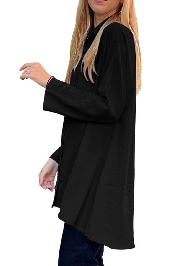 Aoysky Womens Oversized T Shirts Button Down Long Sleeve Shirt V Neck Collar Loose Flowy Blouse, Black, XXL - Image 2