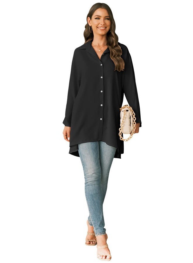 Aoysky Womens Oversized T Shirts Button Down Long Sleeve Shirt V Neck Collar Loose Flowy Blouse, Black, XXL - Image 3