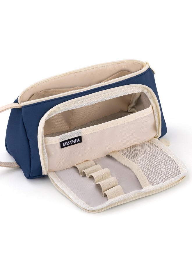 EASTHILL - EASTHILL Polyester Big Capacity Pencil Case Pouch Pen Case Simple Stationery Bag School College Office Organizer For Teens Girls Adults Student, Navy Xw, Simple, Blue - Image 1