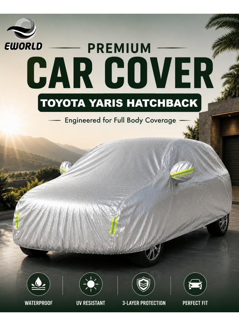 إي وورلد غطاء سيارة كامل مقاوم للماء والأشعة فوق البنفسجية لسيارة Toyota Yaris Hatchback، حماية خارجية ضد الغبار، فضي - Image 1