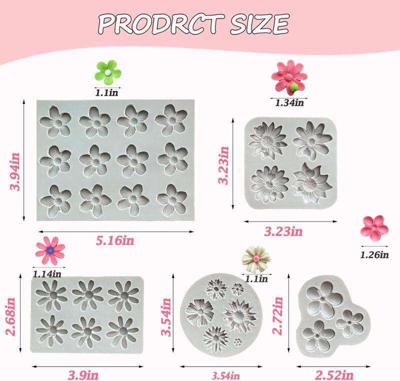 Silicone Flower Molds 5-Piece Grey Set Non-Stick Food-Grade Silicone With Easy Demolding - Multi-Size Floral Designs for Home Bakers DIY Crafters Cake Decorating Soap Making Resin Crafts - Image 2
