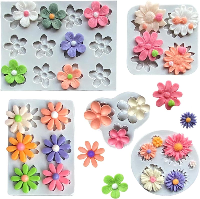 Silicone Flower Molds 5-Piece Grey Set Non-Stick Food-Grade Silicone With Easy Demolding - Multi-Size Floral Designs for Home Bakers DIY Crafters Cake Decorating Soap Making Resin Crafts - Image 1