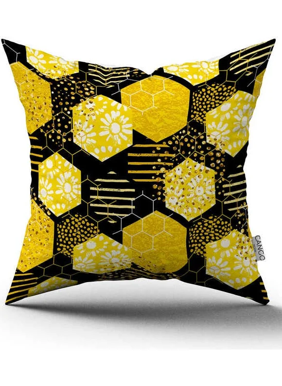 Cango Home Double Sided Yellow Black Honeycomb Daisy Patterned Digital Printed Throw Pillow Cover CGH1192