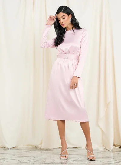 Styli Satin Embellished Buckle Belted Shift Midi Dress