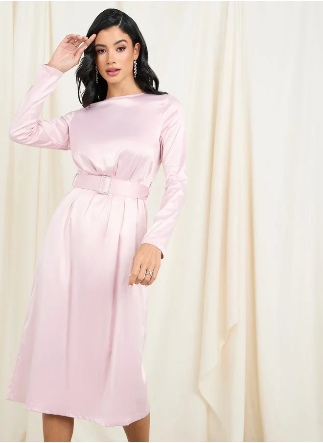 Styli Satin Embellished Buckle Belted Shift Midi Dress
