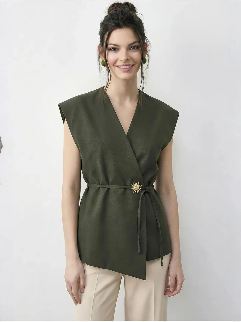 Bianco Lucci LUCCI Belted V-Neck Crepe Waistcoat