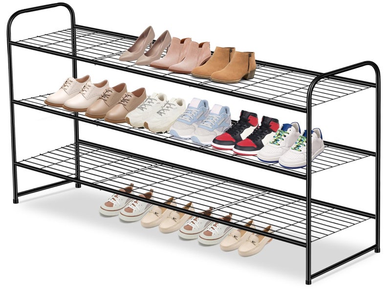 AOODA Long 3 Tier Metal Shoe Rack for Closet Wide Stackable Shoe Storage Organizer for Entryway Bedroom Floor 24Pairs Men Sneakers Shoe Shelf with Wire Grid Black