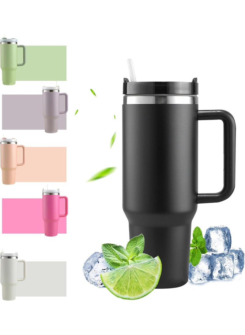 cup Thermal Mug with Straw and Handle, 1200 ml Coffee Mug To Go, Double-Walled Stainless Steel Vacuum Insulated Mug with Lid, Portable Car Mug for Hot and Cold Drinks (Black) - Image 1