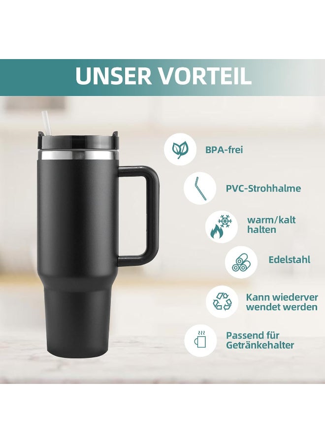 cup Thermal Mug with Straw and Handle, 1200 ml Coffee Mug To Go, Double-Walled Stainless Steel Vacuum Insulated Mug with Lid, Portable Car Mug for Hot and Cold Drinks (Black) - Image 4
