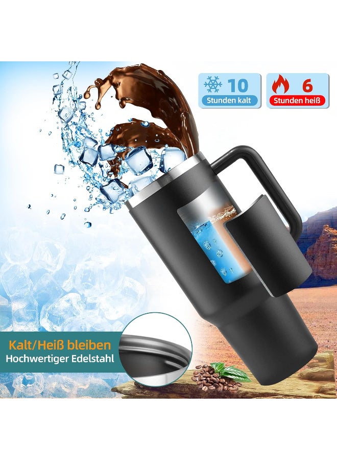 cup Thermal Mug with Straw and Handle, 1200 ml Coffee Mug To Go, Double-Walled Stainless Steel Vacuum Insulated Mug with Lid, Portable Car Mug for Hot and Cold Drinks (Black) - Image 5