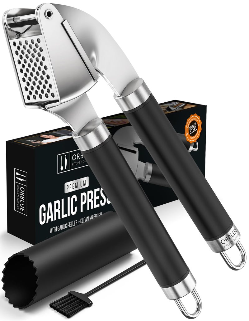 ORBLUE Garlic Press and Peeler Set, Stainless Steel - Professional Grade Mincer, Crusher - Dishwasher Safe & Rust-proof, Black - Image 1