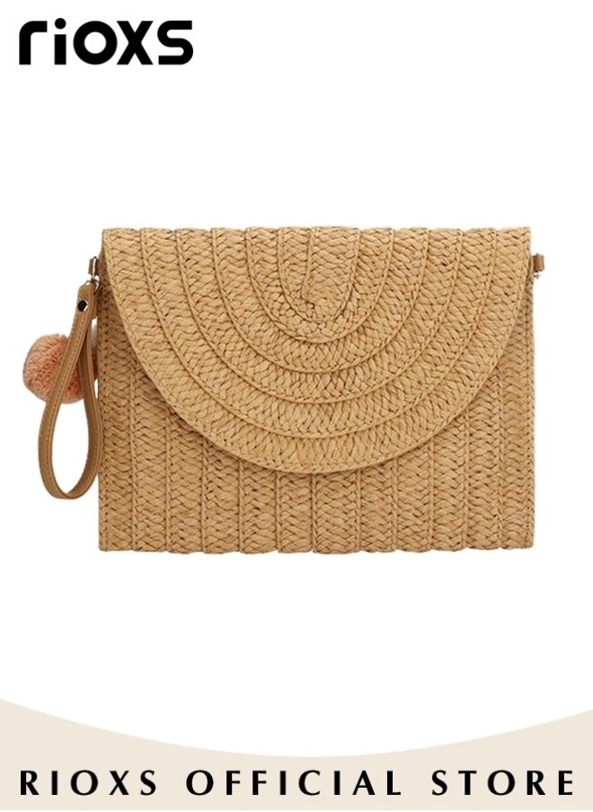 RIOXS - Straw Clutch Handbag Summer Beach Straw Purse for Women Woven Envelope Crossbody Bag Fashion Casual Daily Sling Bag With Two Fluffy Balls - Image 1