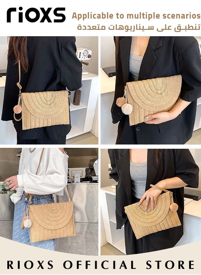 RIOXS - Straw Clutch Handbag Summer Beach Straw Purse for Women Woven Envelope Crossbody Bag Fashion Casual Daily Sling Bag With Two Fluffy Balls - Image 1