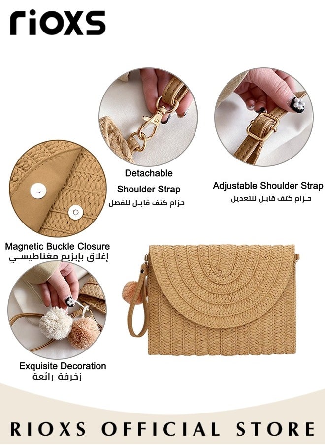 RIOXS - Straw Clutch Handbag Summer Beach Straw Purse for Women Woven Envelope Crossbody Bag Fashion Casual Daily Sling Bag With Two Fluffy Balls - Image 1