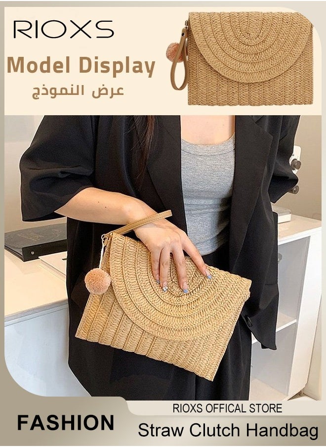 RIOXS - Straw Clutch Handbag Summer Beach Straw Purse for Women Woven Envelope Crossbody Bag Fashion Casual Daily Sling Bag With Two Fluffy Balls - Image 1