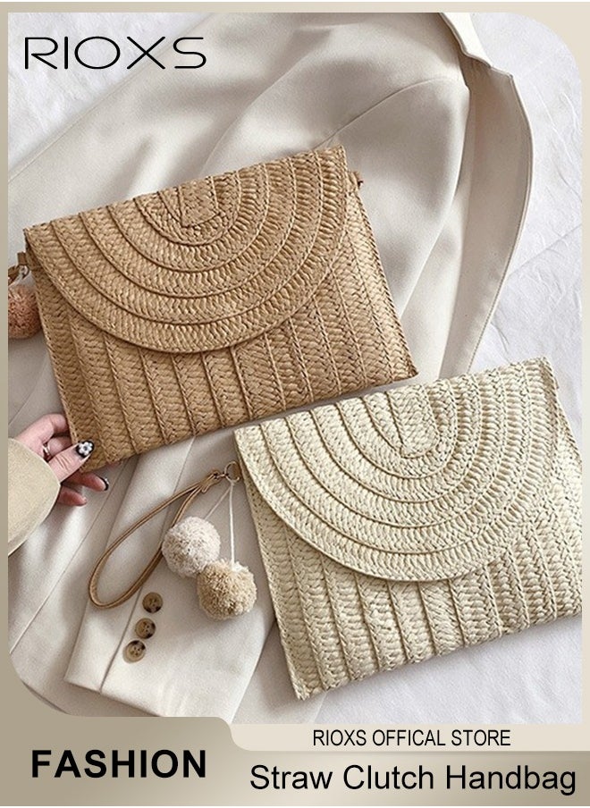 RIOXS - Straw Clutch Handbag Summer Beach Straw Purse for Women Woven Envelope Crossbody Bag Fashion Casual Daily Sling Bag With Two Fluffy Balls - Image 1