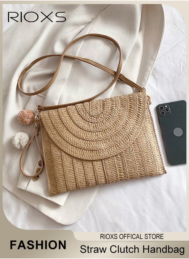 RIOXS - Straw Clutch Handbag Summer Beach Straw Purse for Women Woven Envelope Crossbody Bag Fashion Casual Daily Sling Bag With Two Fluffy Balls - Image 1