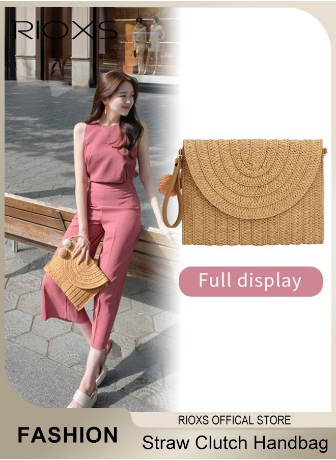 RIOXS - Straw Clutch Handbag Summer Beach Straw Purse for Women Woven Envelope Crossbody Bag Fashion Casual Daily Sling Bag With Two Fluffy Balls - Image 1