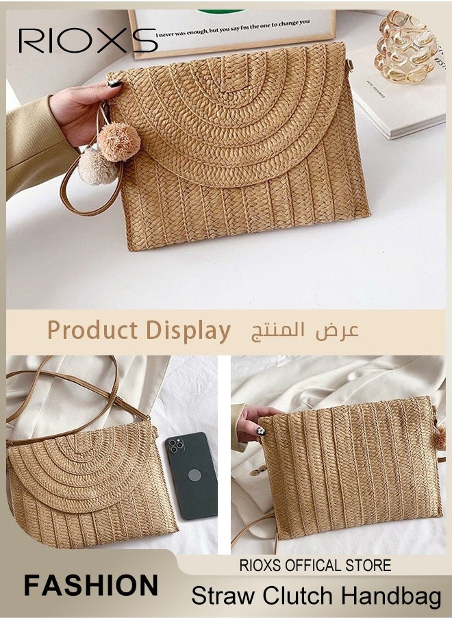 RIOXS - Straw Clutch Handbag Summer Beach Straw Purse for Women Woven Envelope Crossbody Bag Fashion Casual Daily Sling Bag With Two Fluffy Balls - Image 1