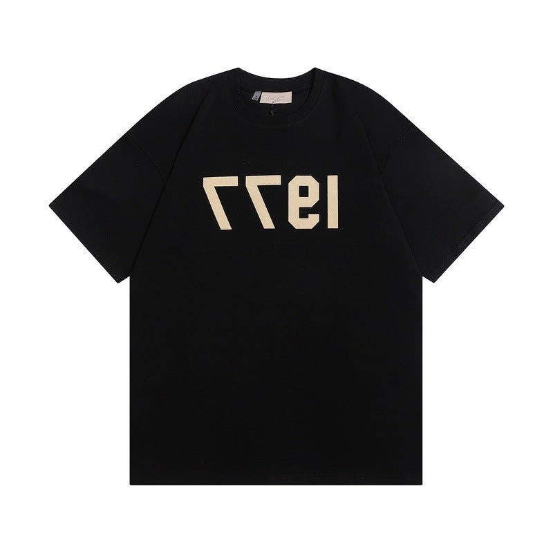 2022 1977 Flocking Letter Double Yarn Fabric Plus Size Loose High Street Fashion Brand Short Sleeve T-Shirt - Image 5