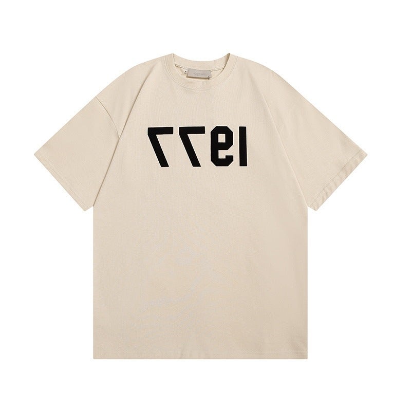 2022 1977 Flocking Letter Double Yarn Fabric Plus Size Loose High Street Fashion Brand Short Sleeve T-Shirt - Image 4