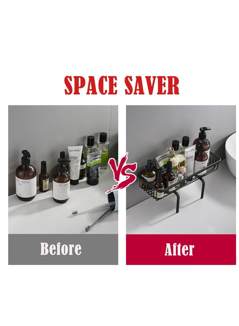 ميكسد حمام تخزين الرف فوق الحمام ، ترقية منشفة ورقية شامبو تخزين الرف ، لا يحفر الفضاء ، تصميم الجدار ، لاصق قاعدة الفضاء الألومنيوم ( أسود ) - Image 2