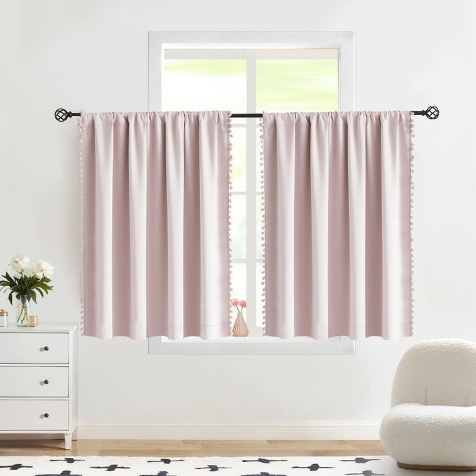 POMPOM PINK FULL BLACKOUTCURTAINS FOR BEDROOM THERMAL INSULATED SMALL CURTAIN DRAPES FOR BABY NURSERY ROOM BASEMENT 52 W X 45 L 2 PANELS ROD POCKET