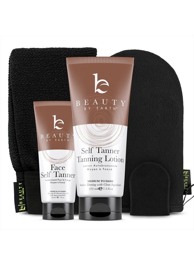 Beauty by Earth Self Tanner Applicator Kit - Best Self Tanner Back Applicator with Sunless Tanning Lotion and Tanning Face Lotion - Natural & Organic Self Tanner Lotion, Medium to Dark, 5 Pcs - Image 1