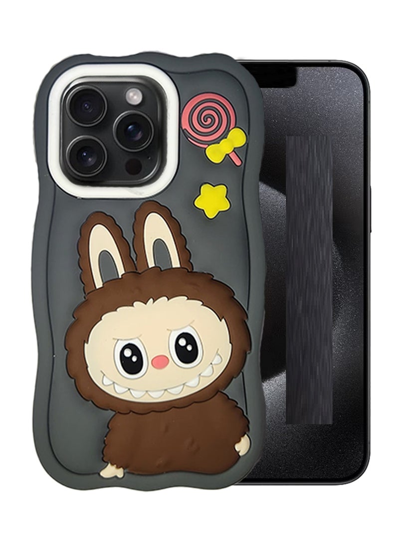 ما وراء الأساسيات جراب سيليكون من Labubu Style لهاتف iPhone 15 Pro، غطاء سيليكون مقاوم للصدمات، تصميم دمية لطيفة، رمادي، 6.1 بوصة - Image 1