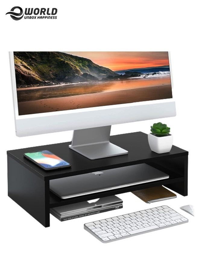 Eworld Computer Monitor Riser Laptop Stand with Cabins, Desktop Table Storage Organising Shelf Black  - Image 1