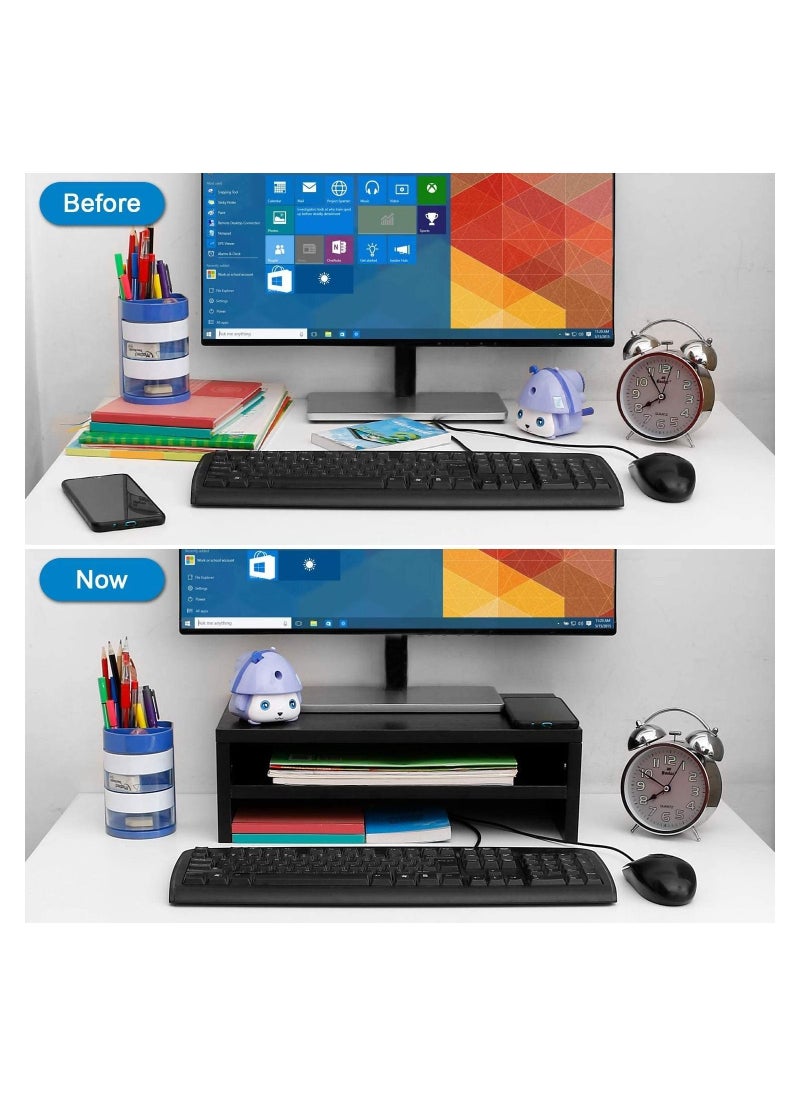 Eworld - Computer Monitor Riser Laptop Stand with Cabins, Desktop Table Storage Organising Shelf Black - Image 1