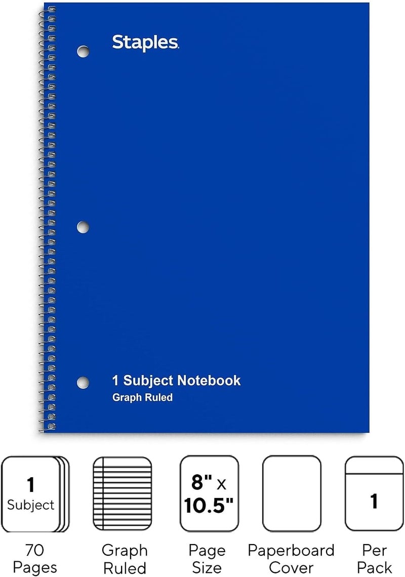 Staples STAPLES 132712 1Subject Notebook 8Inch x 105Inch Graph Ruled 70 Sheets Blue 23985B  - Image 2