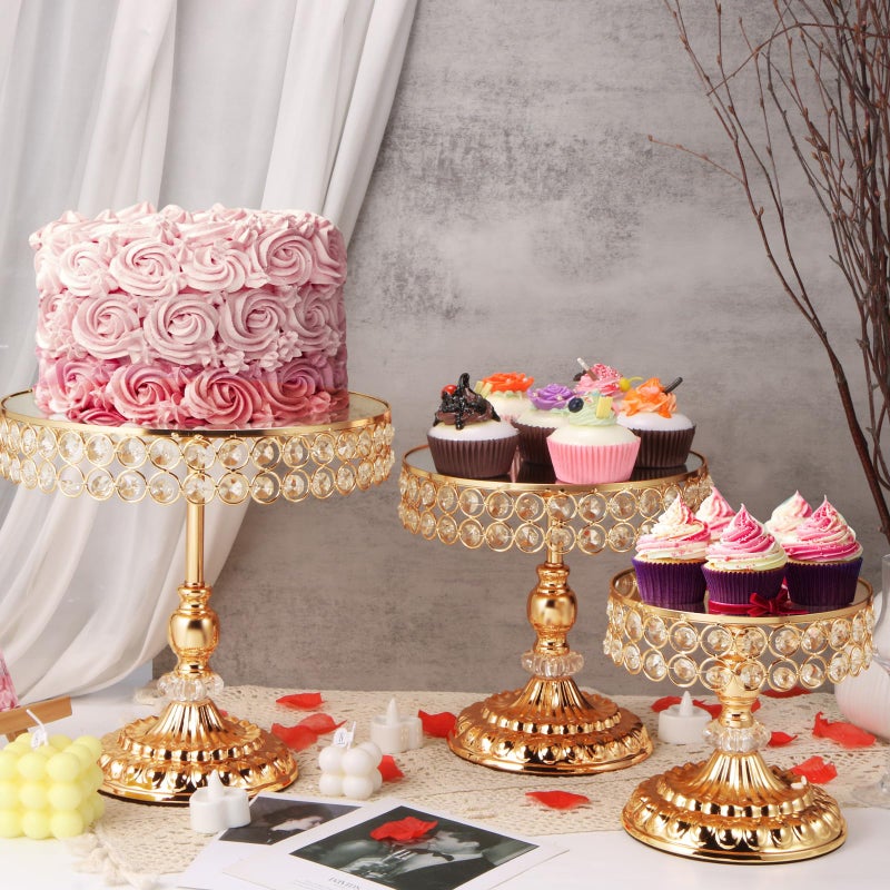 LEIFEOSH 12 Pieces Gold Cake Stand Set, Vintage Cake Display Stand with Crystal Edge and Cupcake Display Tray, Dessert Table Display Set for Wedding Party Baby Shower Anniversary Celebration - Image 3