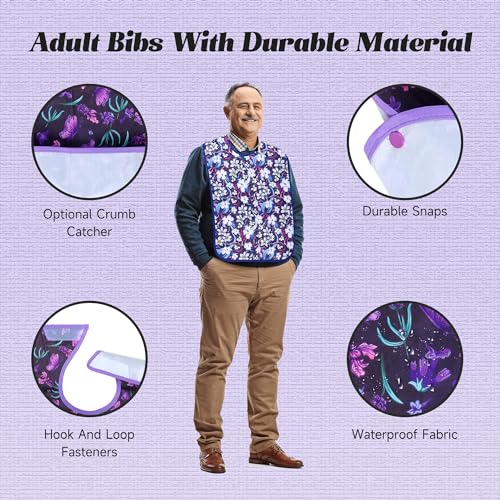 Pedobi Adult Bibs - 3 Pcs Washable Clothing Protector with Crumb Catcher, Adult Bibs for Elderly Women Eating Washable Flower - Image 3