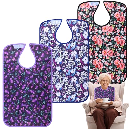 Pedobi Adult Bibs - 3 Pcs Washable Clothing Protector with Crumb Catcher, Adult Bibs for Elderly Women Eating Washable Flower - Image 1