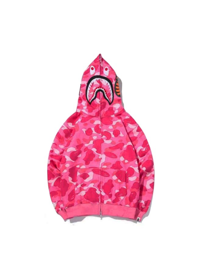NIBEMINENT - Classic Camouflage Shark Hoodie Cardigan Zipper Embroidered Jacket for Men and Women - Image 1