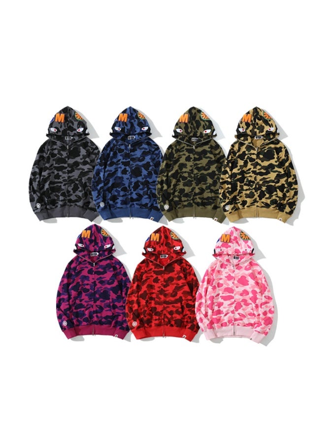 NIBEMINENT - Classic Camouflage Shark Hoodie Cardigan Zipper Embroidered Jacket for Men and Women - Image 1