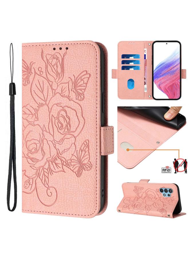 For Samsung Galaxy A32 4G Embossed Rose RFID Anti-theft Leather Phone Case(Pink)