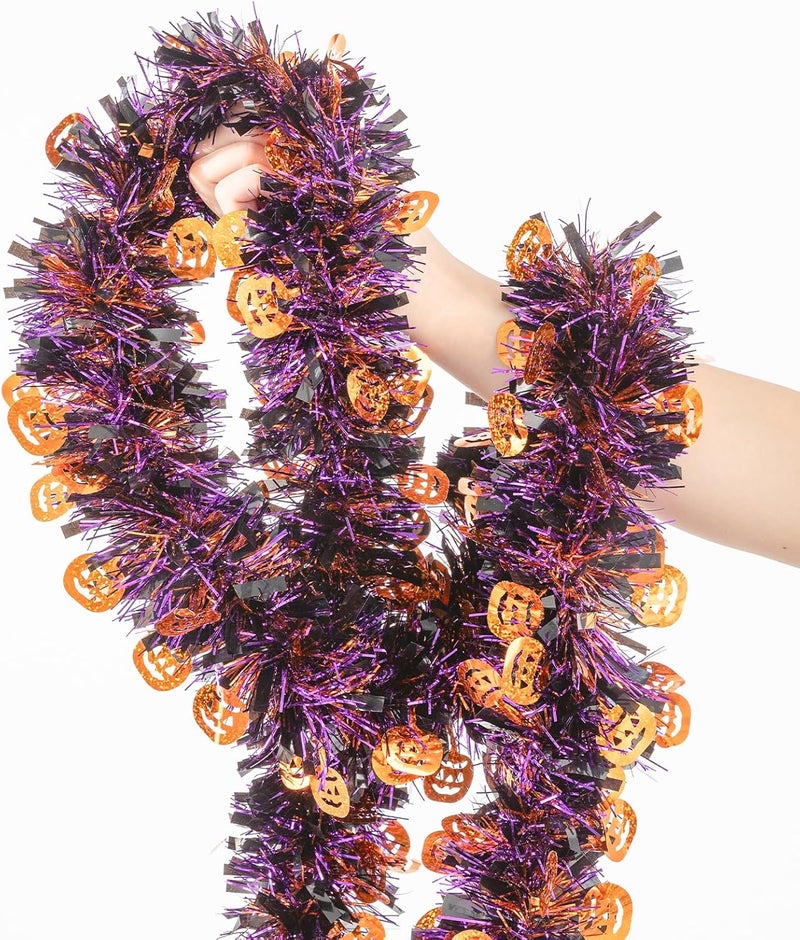 CIPOWM 33FT Halloween Tinsel Garland, Black Orange Purple Metallic Twist Foil Tinsel Garland with Pumpkin Ornament Shiny Pumpkin Hanging Garland for Halloween Party Indoor Outdoor Decoration - Image 3